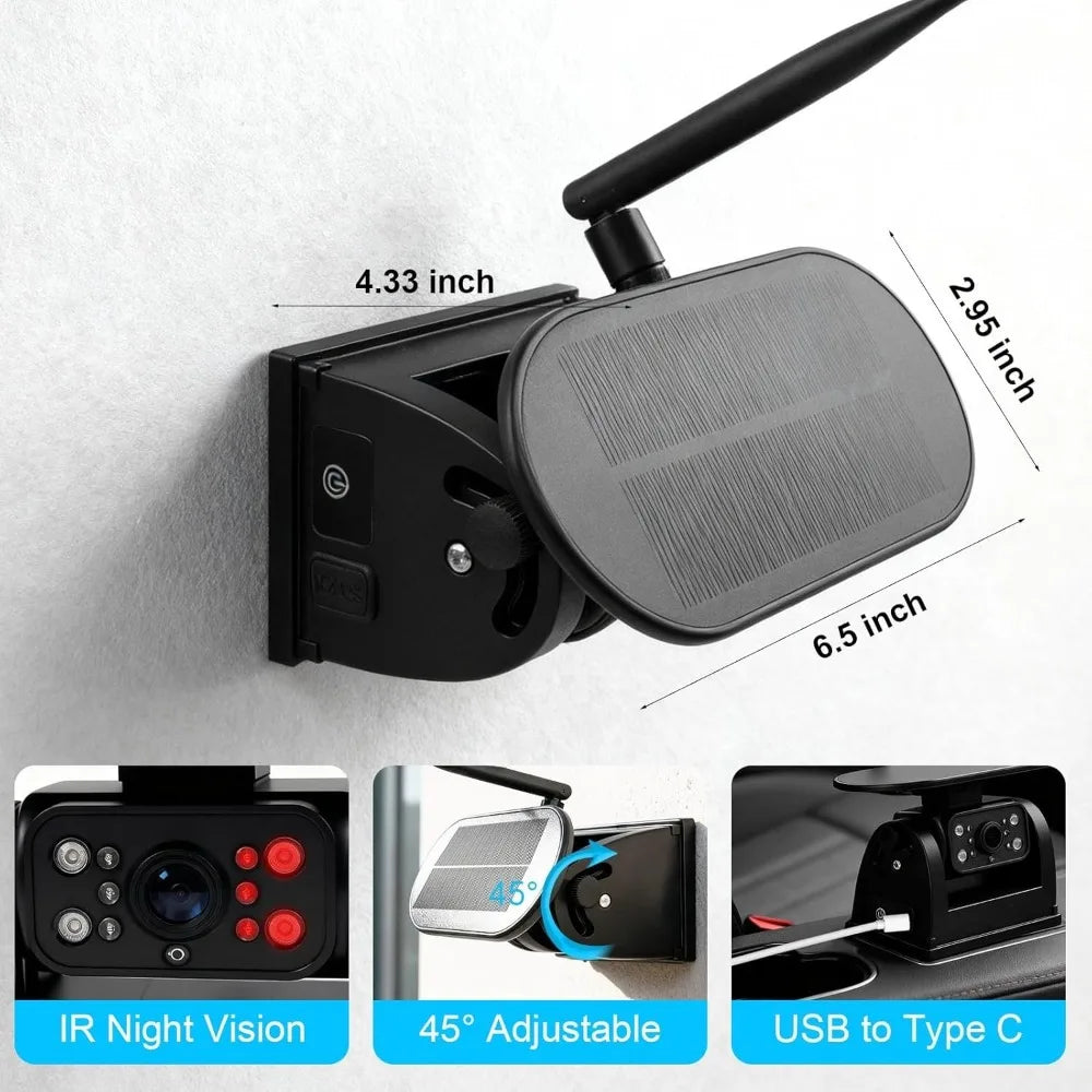 Solar WiFi Reversing Camera dimensions 11 x 16.5 x 7.5 cm, with close-ups of infrared night vision, 45-degree adjustable solar panel and USB-C charging port