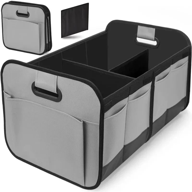 Grey foldable boot organiser shown open with compartments and side pockets, plus a folded-flat view and fabric swatch