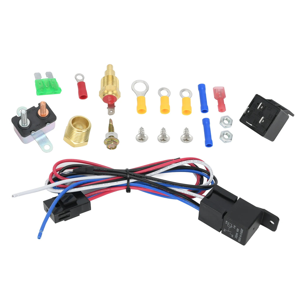 Thermo Fan Relay Kit contents: wiring harness, relay, circuit breaker, brass temperature sensor, thread adapter, fuse, terminals and screws