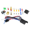 Thermo Fan Relay Kit contents: wiring harness, relay, circuit breaker, brass temperature sensor, thread adapter, fuse, terminals and screws