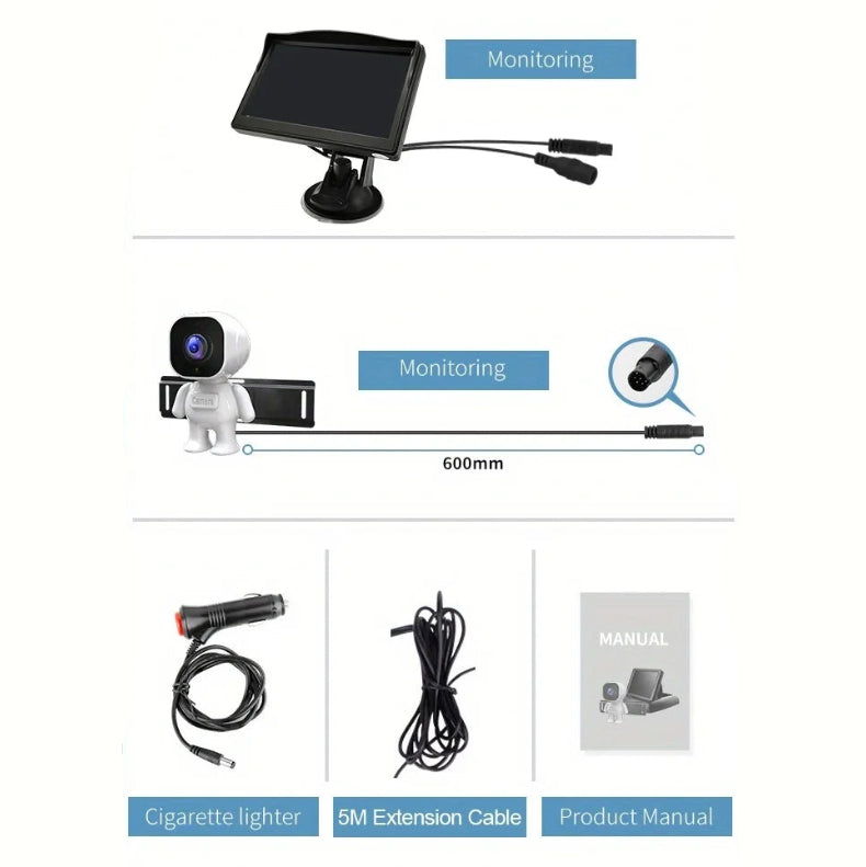 HD Infant Car Monitor kit including monitor, astronaut camera, cigarette lighter cable, 5 metre extension cable and product manual