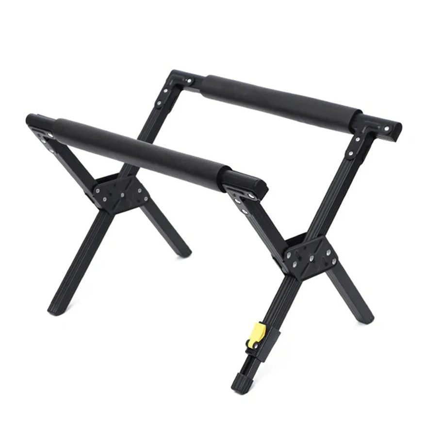 Black folding X-frame cooler stand with padded crossbars, shown assembled on white background