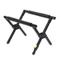 Black folding X-frame cooler stand with padded crossbars, shown assembled on white background