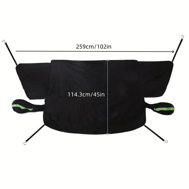 Magnetic Windscreen Frost Cover laid flat on a white background showing full dimensions of 259cm by 114.3cm