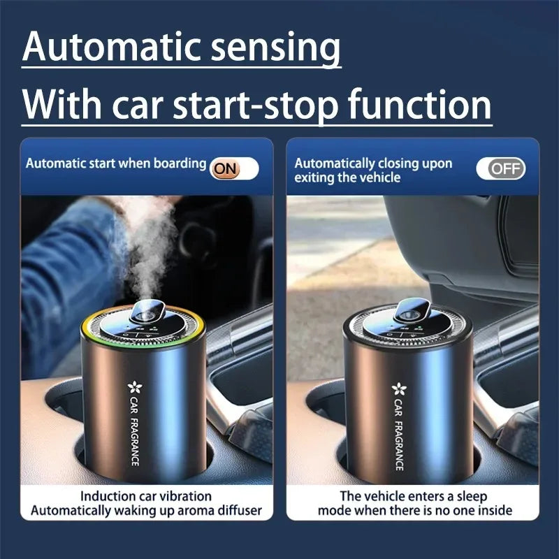 Smart Cup Holder Diffuser automatic start and sleep mode, misting in a car cup holder when entering and exiting the vehicle