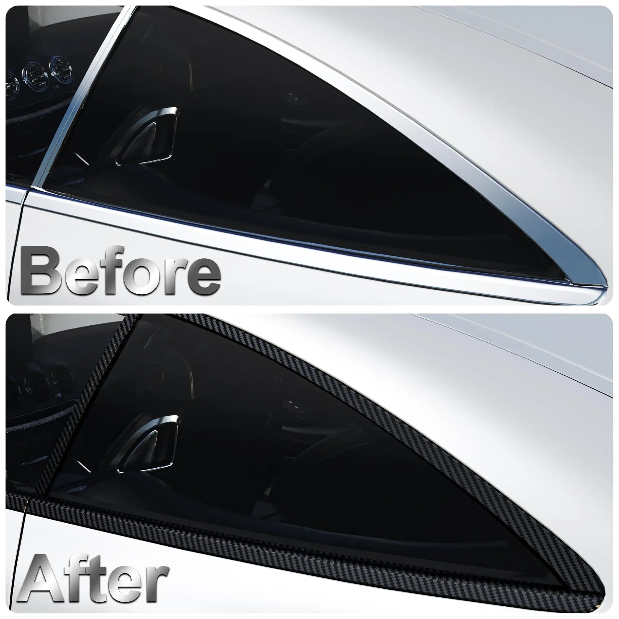 Before-and-after comparison of a car's window pillar trim without and with black carbon fibre wrap tape applied.