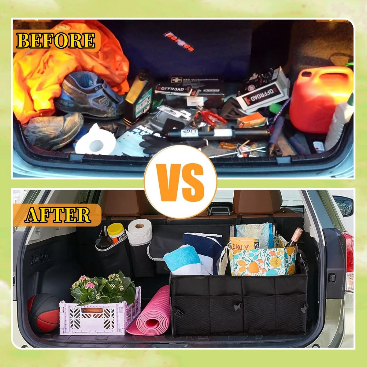 Before and after comparison of a cluttered car trunk transformed into a neatly organised boot with the foldable storage box