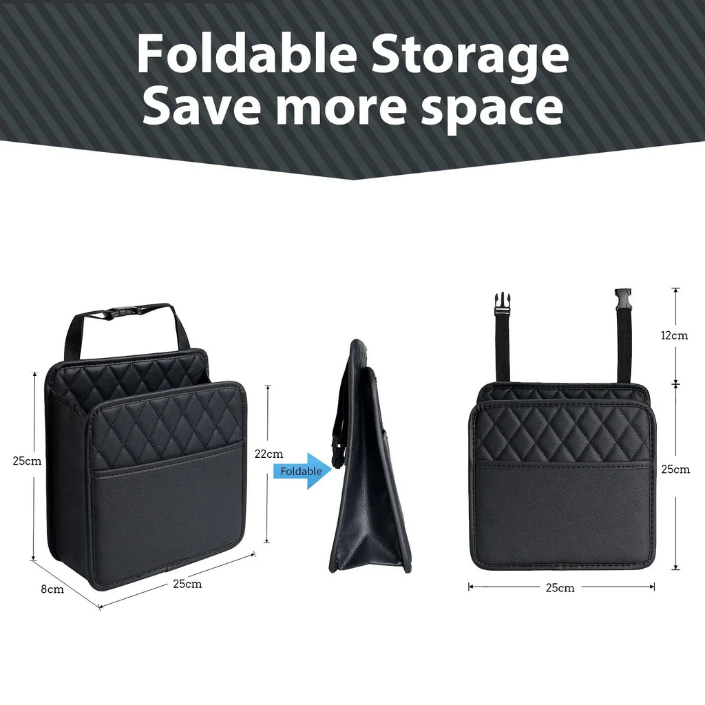 Car seat back organiser folded flat to save storage space, before and after demonstration
