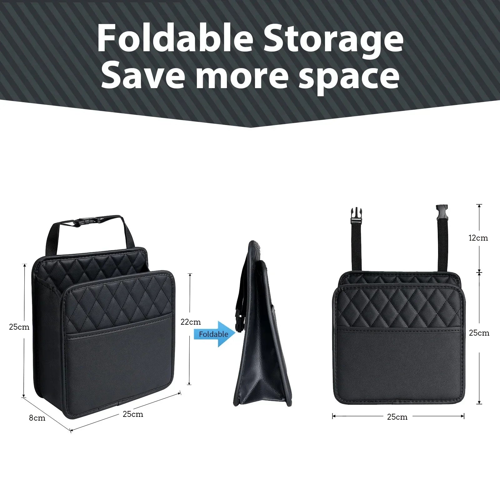 Car seat back organiser folded flat to save storage space, before and after demonstration