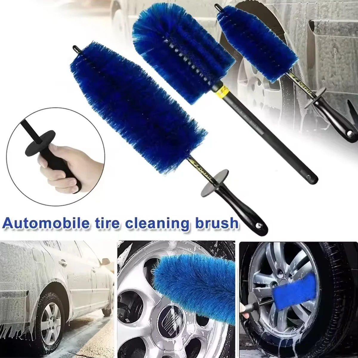 Set of blue wheel cleaning brushes shown cleaning a car tyre, alloy wheel rim, and being held by hand
