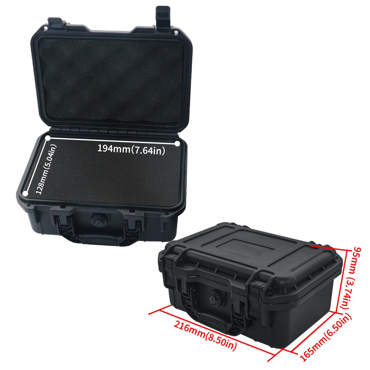 All-Weather Storage Case (small) open with internal dimension measurements labelled