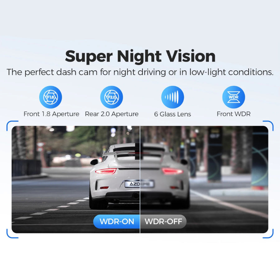 Voice-Control 4K Mirror Dash Cam night vision footage of a white sports car comparing WDR on and WDR off
