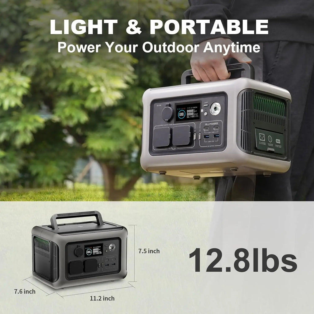 600W LiFePO4 Power Station carried outdoors by its handle, with a dimension diagram showing 11.2 x 7.6 x 7.5 inches and 12.8lbs weight