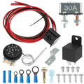Adjustable Radiator Fan Controller kit with wiring harness, 30A circuit breaker, thermostat with capillary probe, relay, bracket, terminals and screws