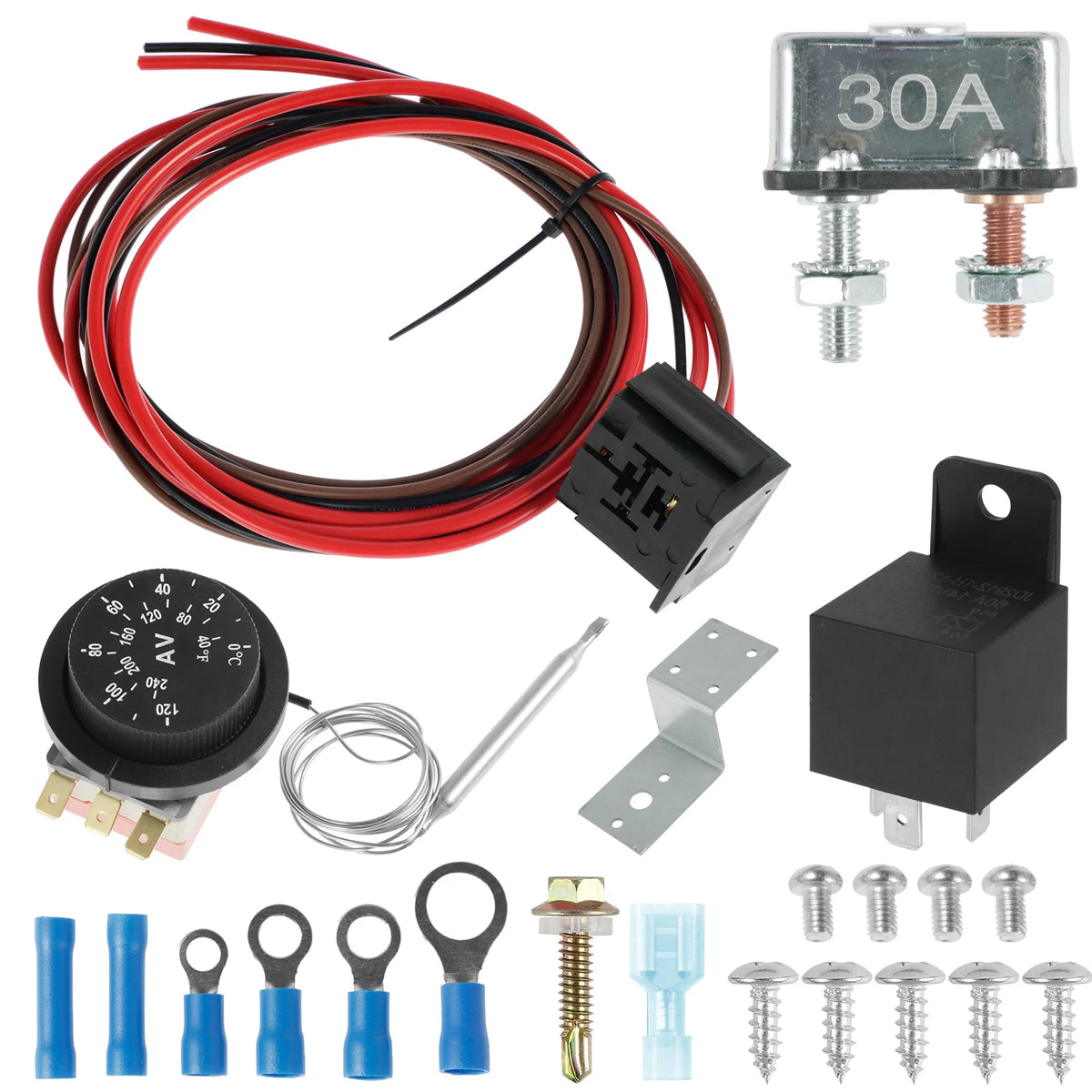 Adjustable Radiator Fan Controller kit with wiring harness, 30A circuit breaker, thermostat with capillary probe, relay, bracket, terminals and screws