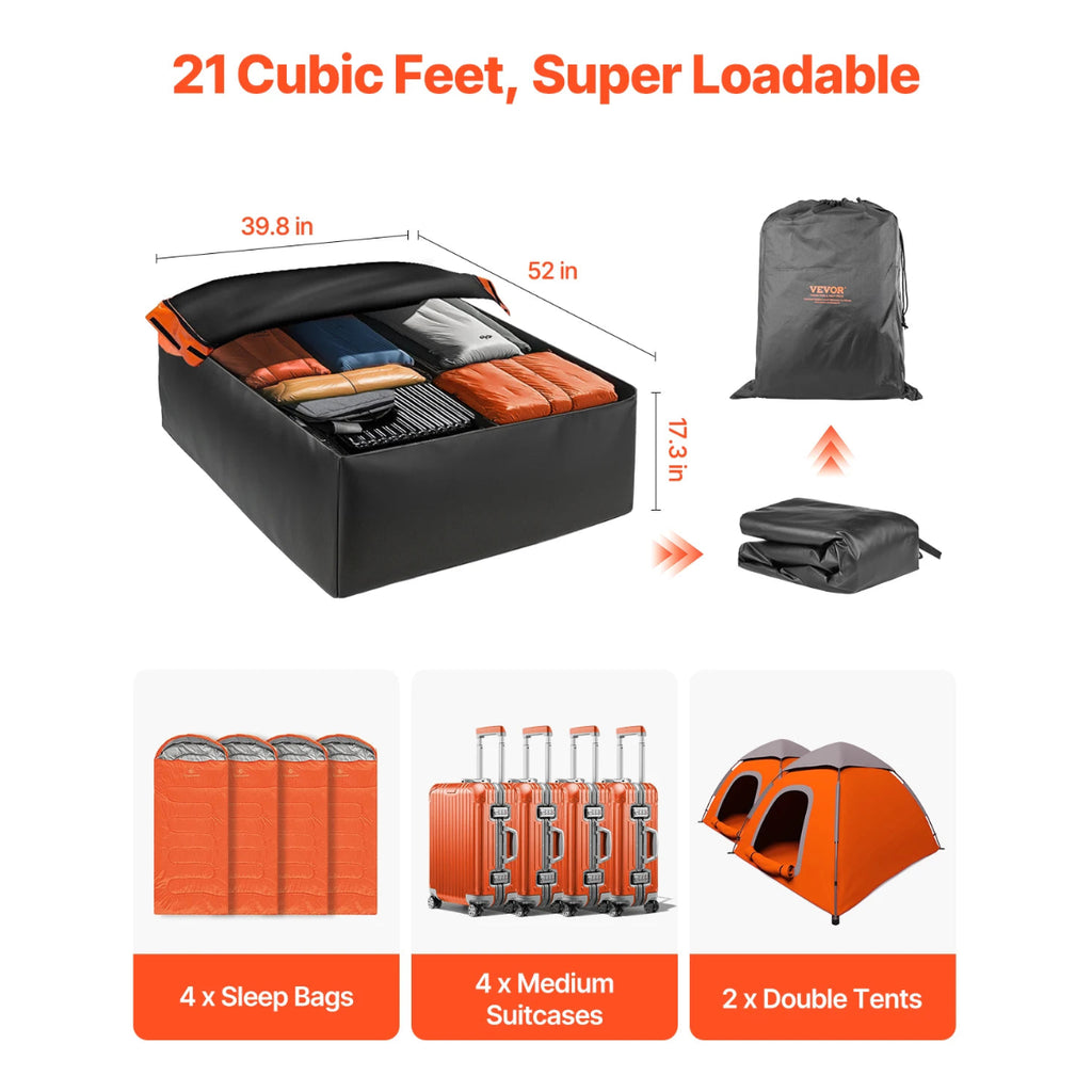 Rooftop Cargo Carrier packed with sleeping bags, suitcases and tents, holding 21 cubic feet of luggage
