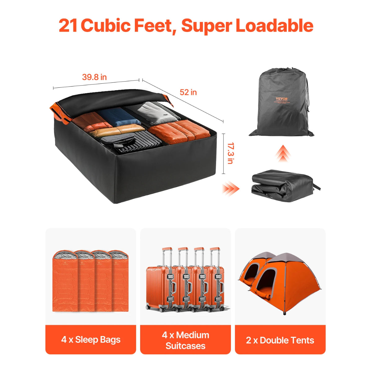 Rooftop Cargo Carrier packed with sleeping bags, suitcases and tents, holding 21 cubic feet of luggage