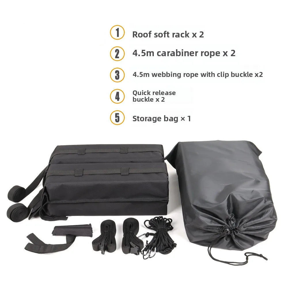 Foldable Roof Rack packing list showing two soft rack pads, carabiner ropes, webbing ropes, quick release buckles and a storage bag