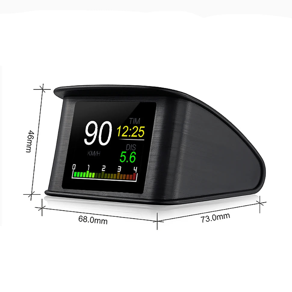 OBD2 Head-Up Display product parameters diagram showing dimensions 68 x 46 x 73mm, weight 50g, operating voltage and environmental specifications