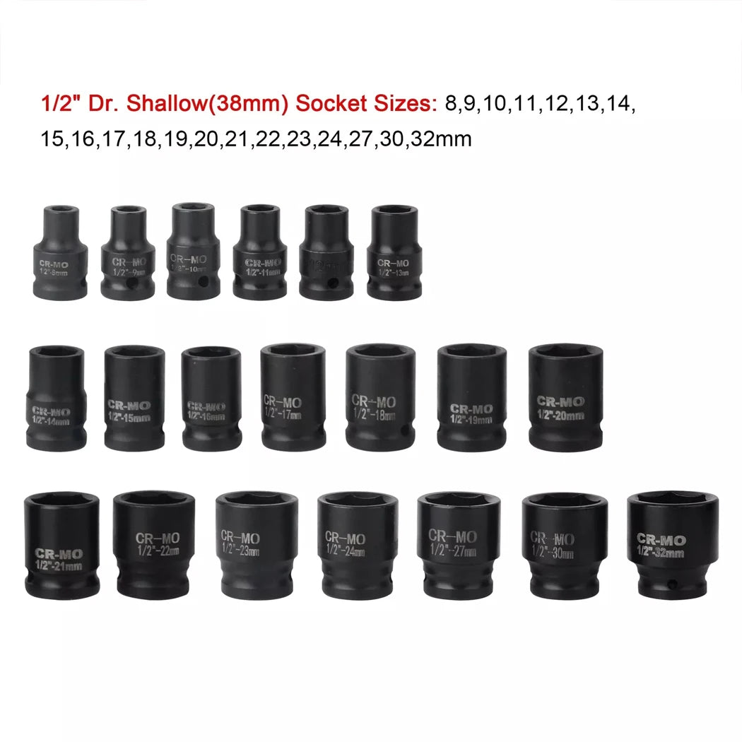 1/2 inch drive shallow impact sockets from the Impact Socket Set in sizes 8mm to 32mm laid out on a white background