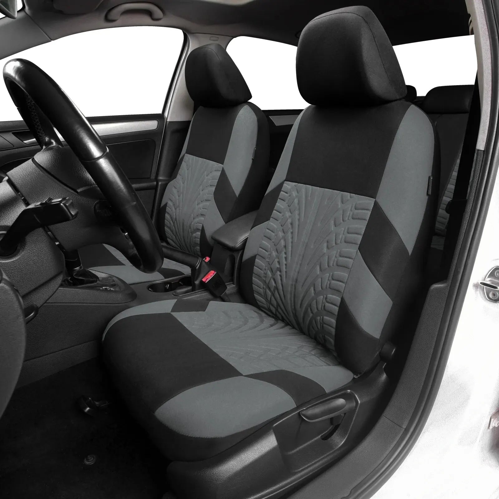 Ash grey and black universal car seat covers installed on the front seats of a real car interior.