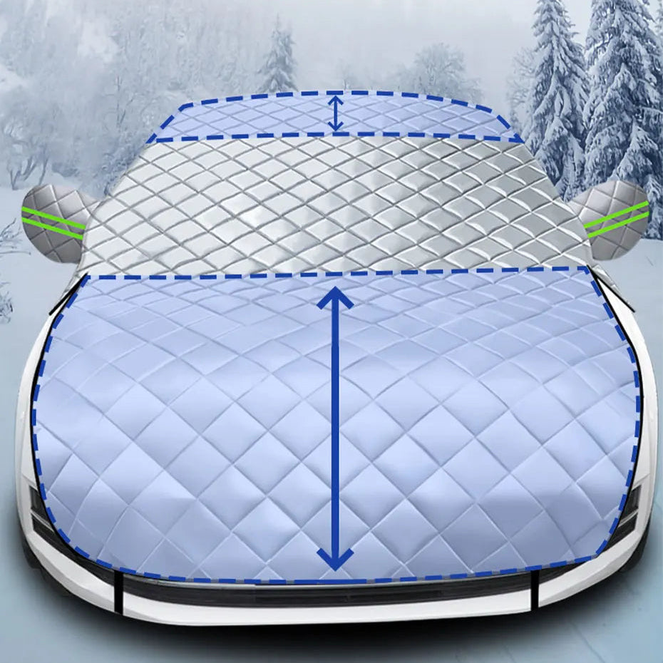 Quilted Half Car Cover coverage of the roof, windscreen and bonnet on a car parked in snow