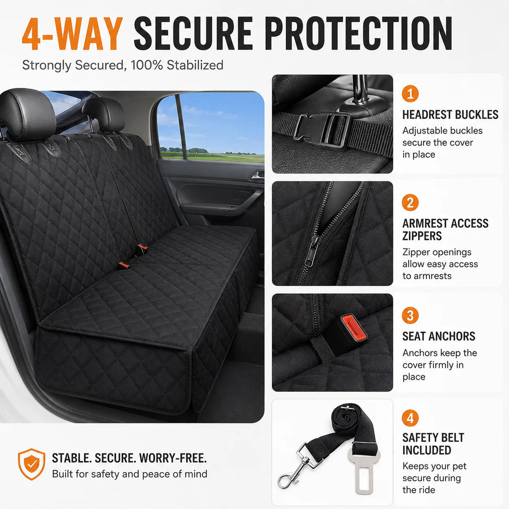 Quilted rear seat protector fitted in a car with headrest buckles, armrest zippers, seat anchors and seatbelt tether