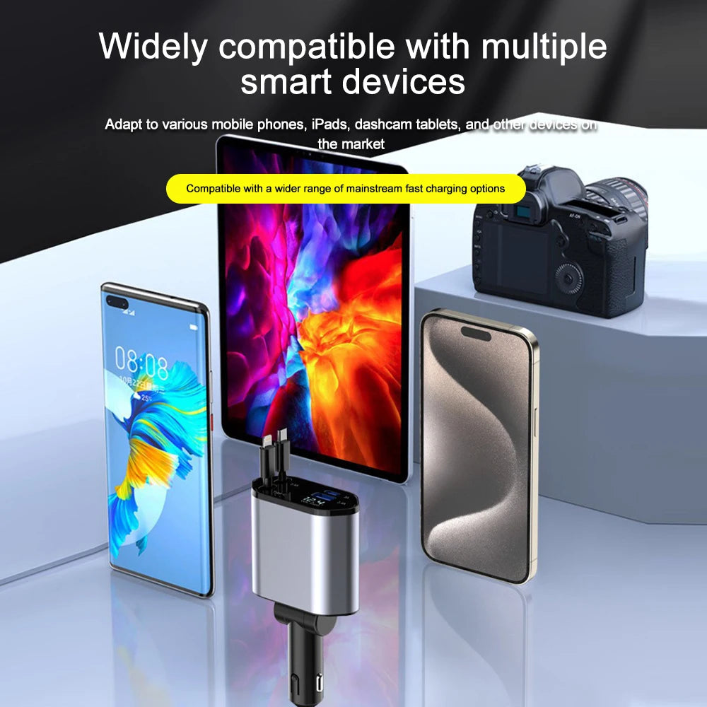 4-in-1 Retractable Car Charger displayed with a smartphone, tablet and camera to show wide device compatibility.