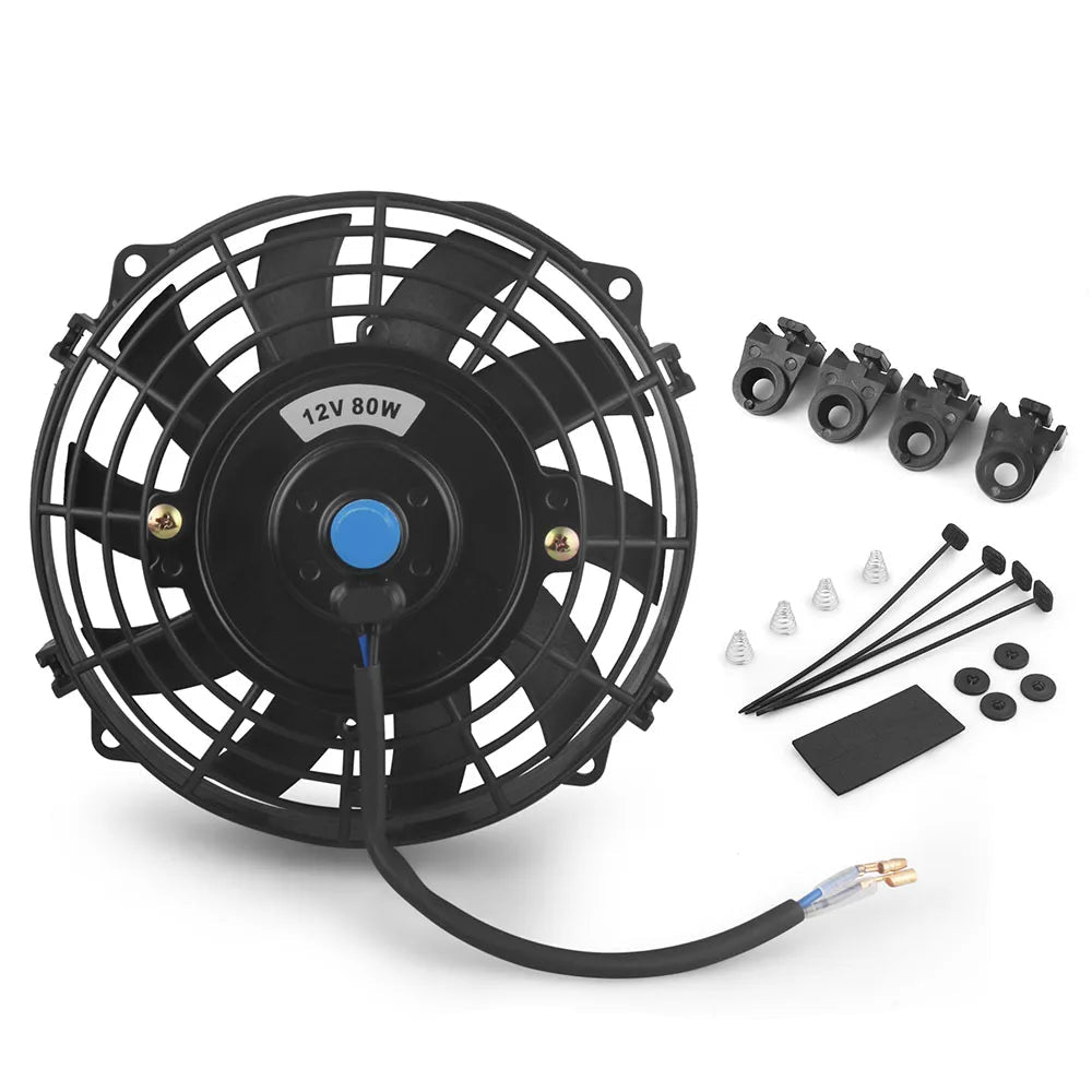 Universal Radiator Cooling Fan 12V 80W slim electric fan shown with mounting clamps, screws, cable ties and foam pad accessories