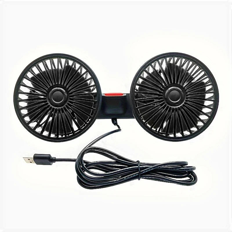 Dual-Head Headrest Cooling Fan black variant front view studio product shot with coiled USB power cable on a white background