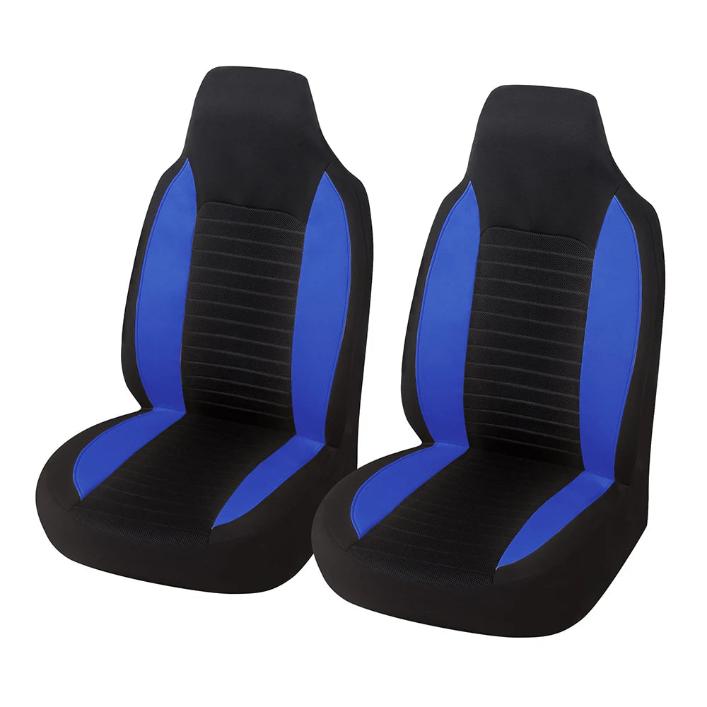 Pair of blue and black front bucket seat covers shown on a white background