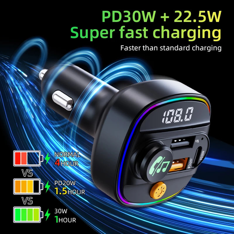 Infographic showing the Bluetooth Car FM Transmitter's PD30W plus 22.5W super fast charging output, faster than standard charging.