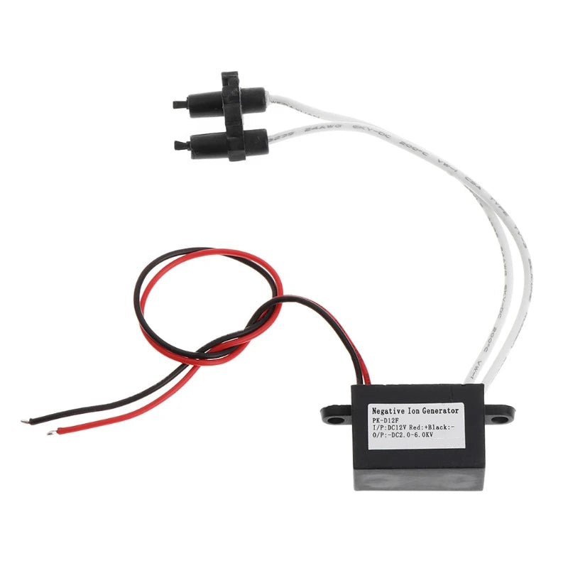 Negative ion generator module with red and black power wires and twin white output cables for the compact car air ionizer