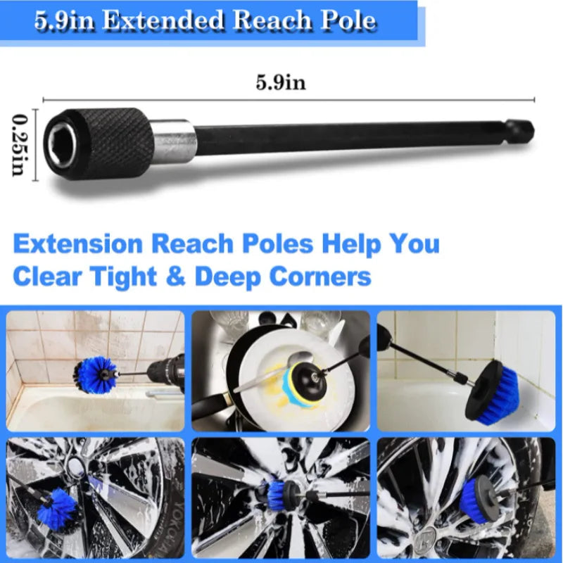 5.9 inch drill extension pole with blue drill brushes cleaning a bathtub, toilet and car alloy wheels
