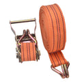 Orange 40 mm ratchet tie down strap with steel ratchet and double J hooks on a white background