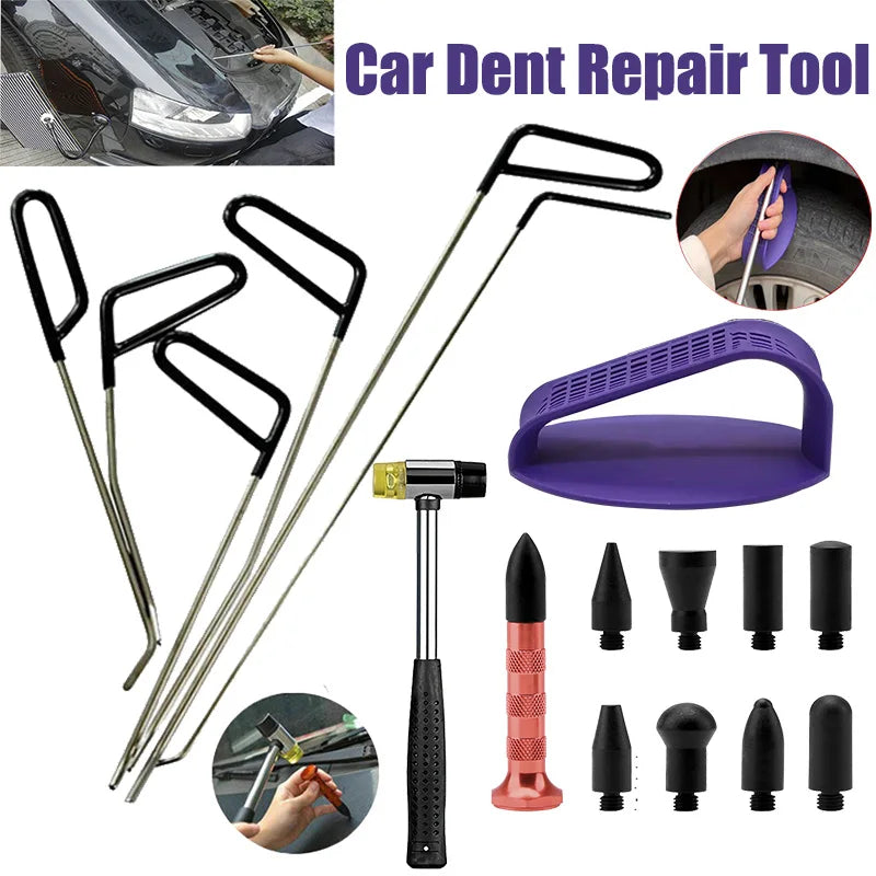 Car Dent Repair Rod Tool Kit with Hooks Hammer and Suction Pad Being Used