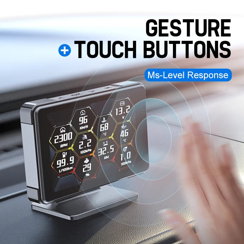 Dual-Mode OBD2 Smart Gauge with hexagon data display and hand using gesture control on car dashboard