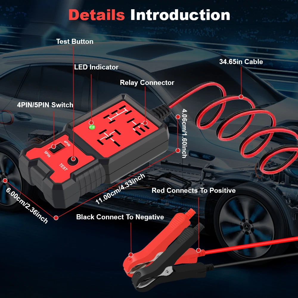 Automotive Relay Tester details diagram showing relay connector, LED indicator, 4-pin 5-pin switch, test button and 34.65 inch cable length