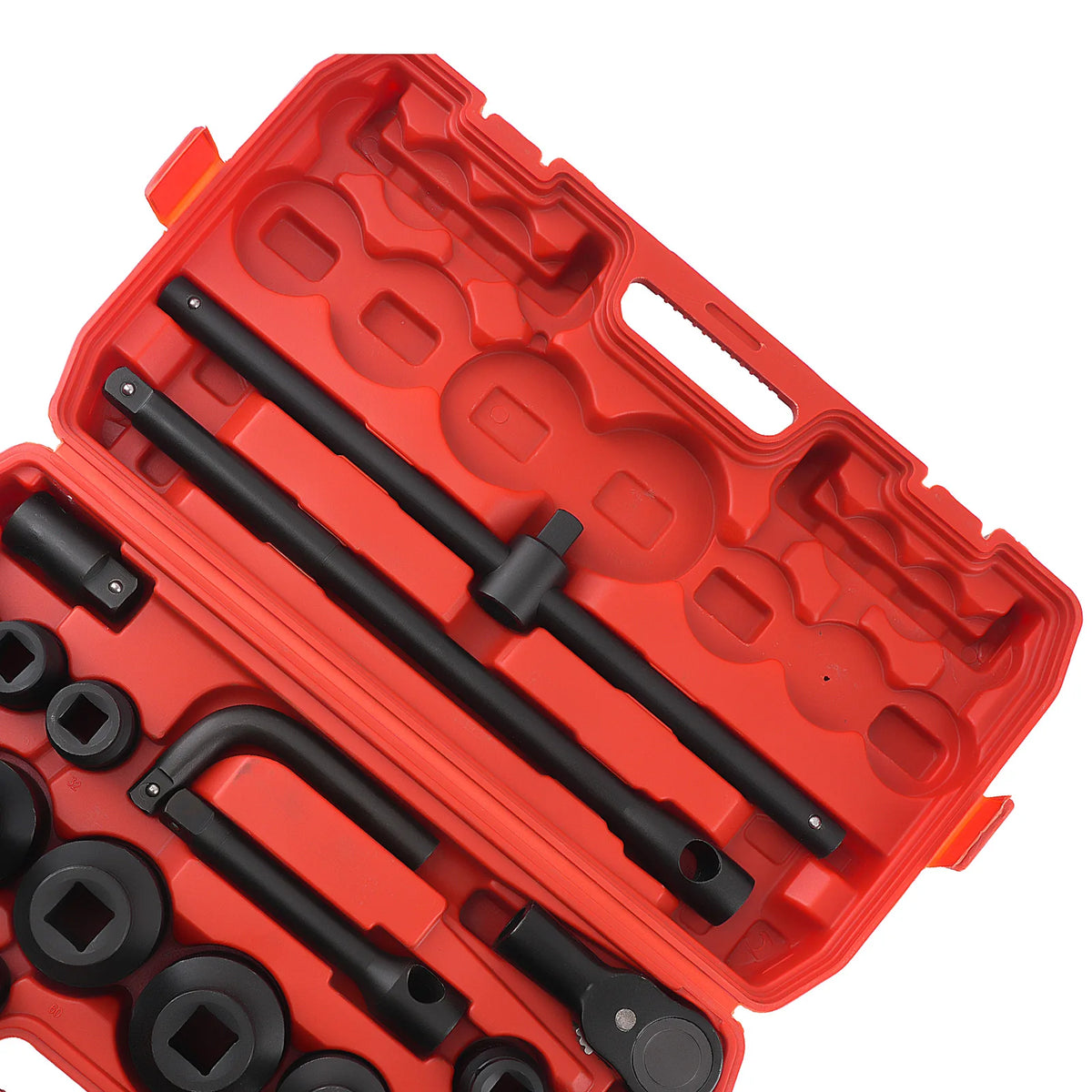 Heavy-Duty Impact Socket Set open red case with T-bar, extension bars, L-handle, ratchet head and sockets in moulded slots