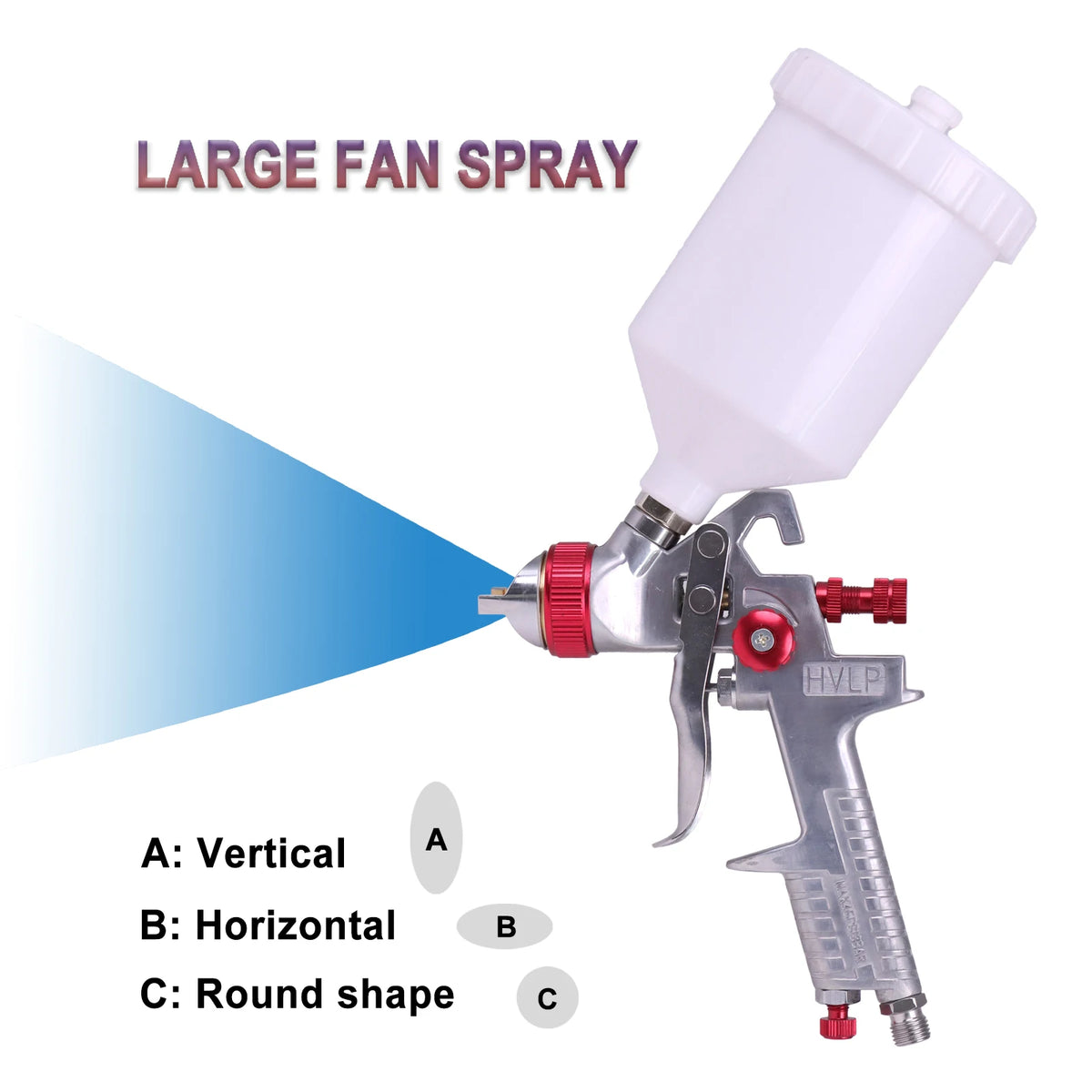 Diagram illustrating the HVLP Airbrush Spray Gun's fan spray pattern in vertical, horizontal and round settings