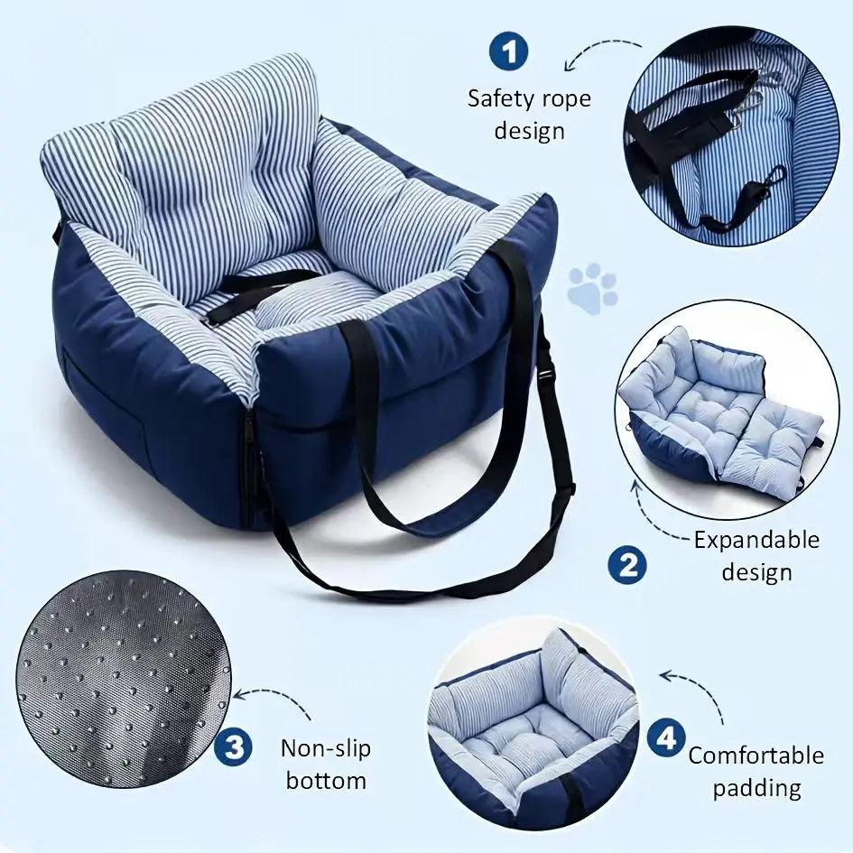 Striped Pet Car Bed features showing safety tether, expandable design, non-slip bottom and padded cushion