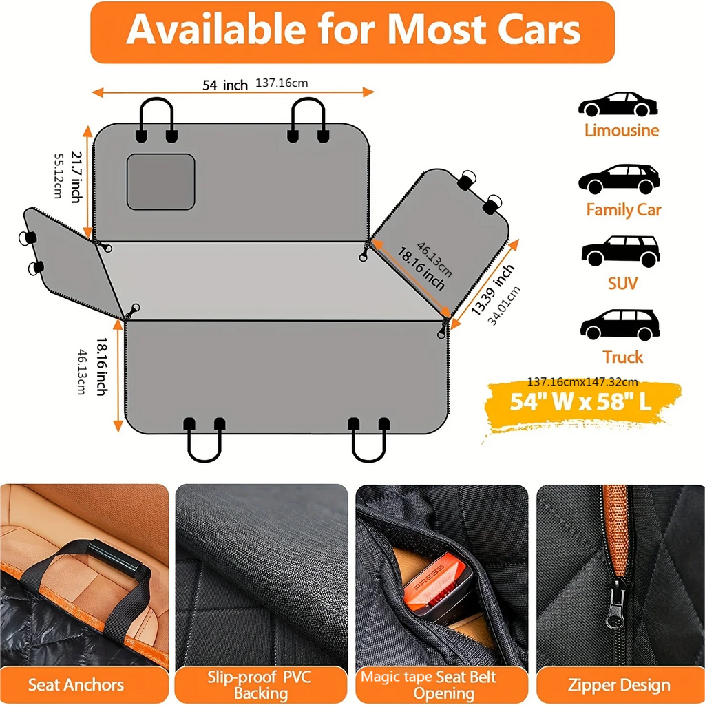 Convertible Dog Seat Hammock size diagram at 137 x 147 cm, fitting sedans, family cars, SUVs and utes, with seat anchor, non-slip backing, seat belt opening and zip details