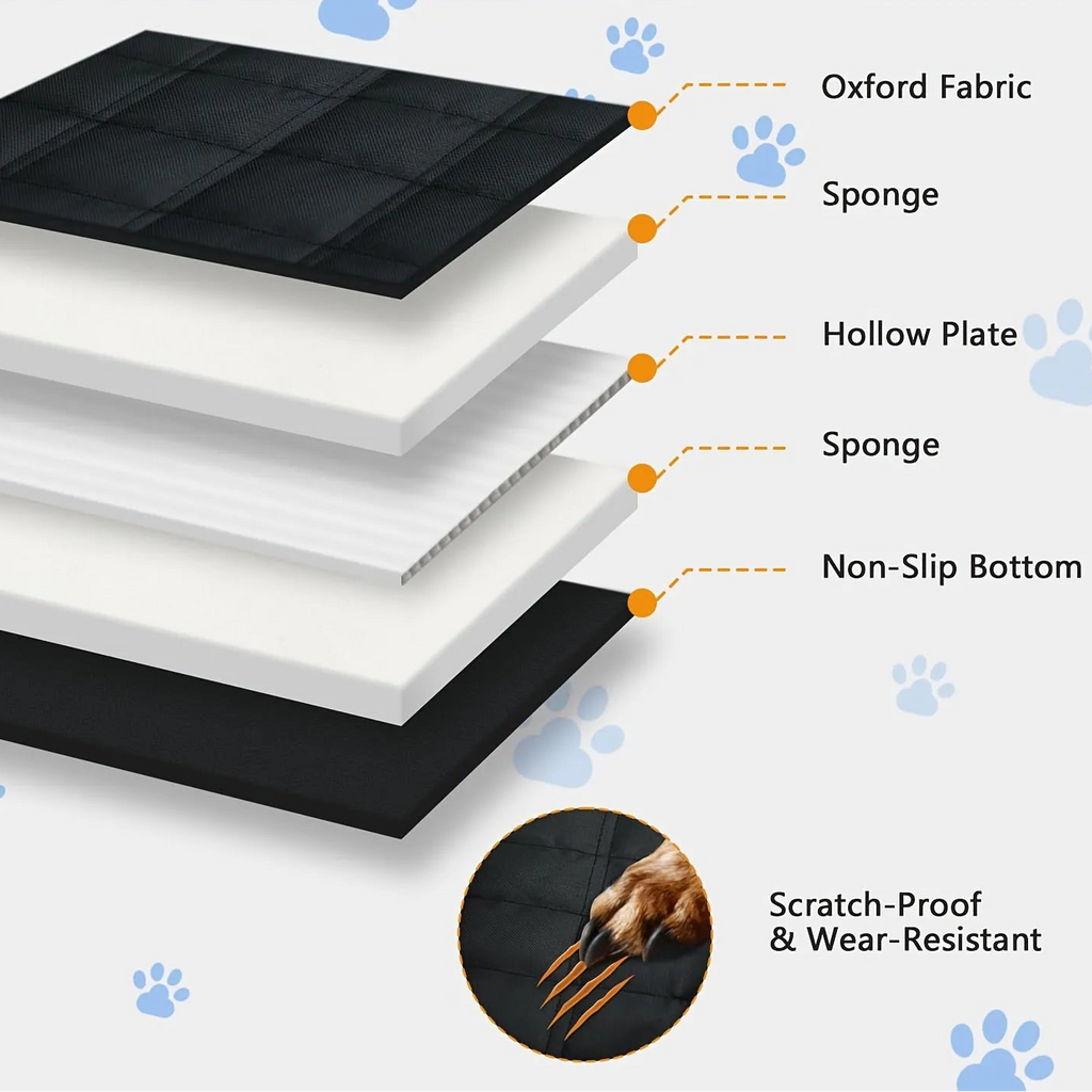 Hard-Base Dog Seat Extender layer diagram showing Oxford fabric, sponge, hollow plate, sponge and non-slip bottom, with scratch-resistant surface