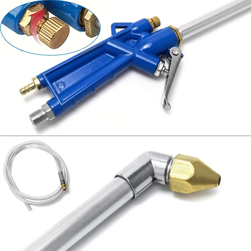 Pneumatic detailing air gun with replaceable brass nozzle tip and coiled extension hose shown from top and angled views