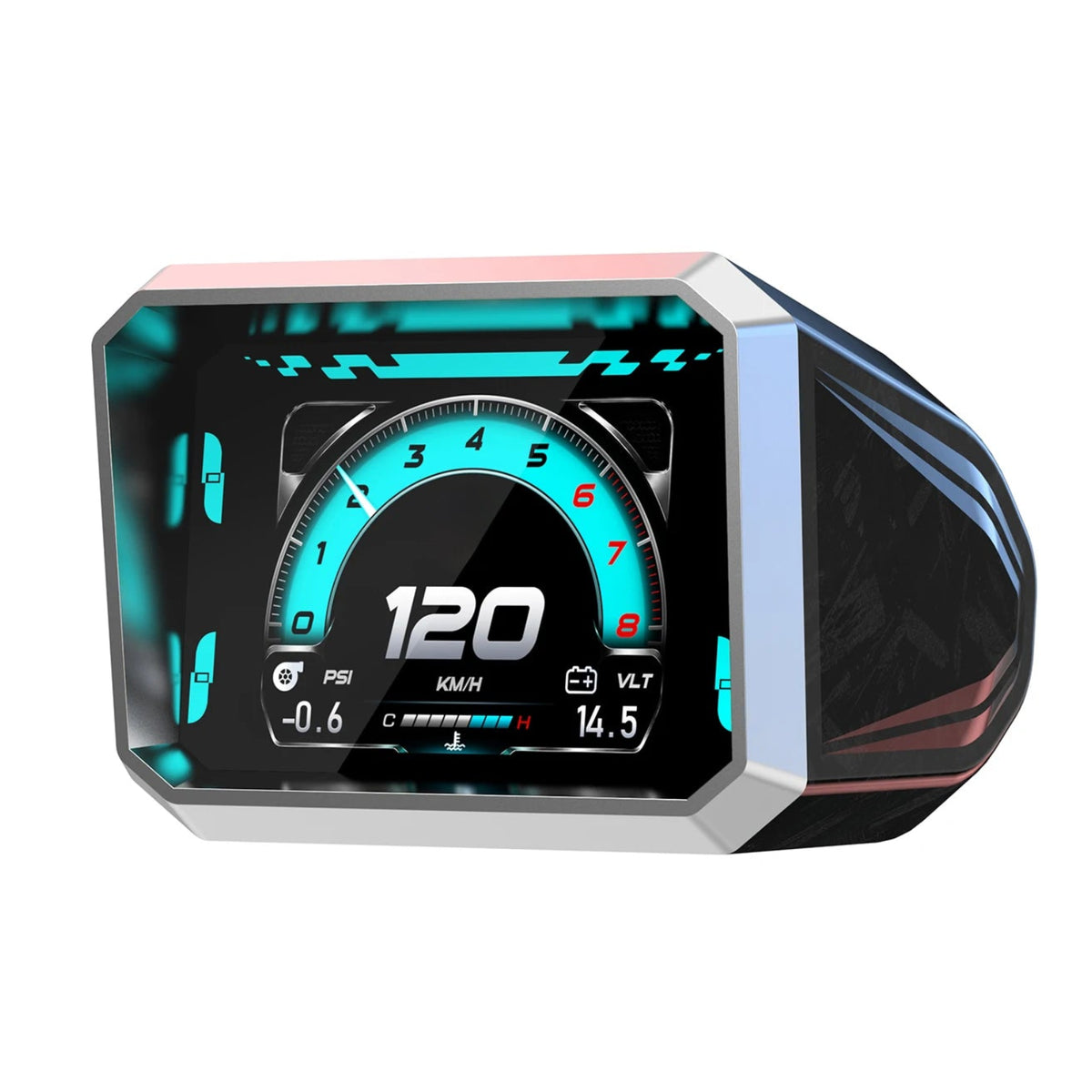 RGB OBD2 Racing Gauge with silver bezel and cyan dial showing speed, RPM, turbo boost and voltage on white background