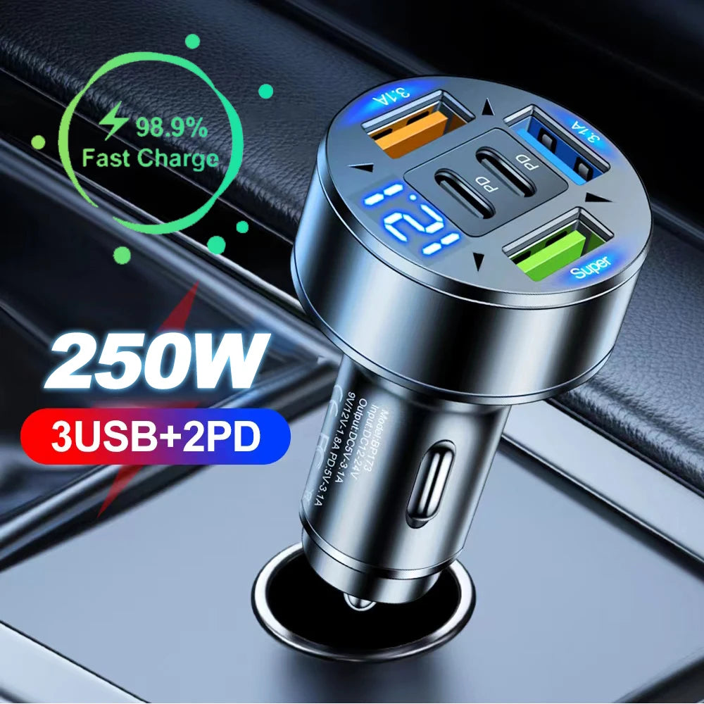 5-Port Fast Car Charger infographic showing the LED digital display detecting low, normal and high vehicle battery voltage