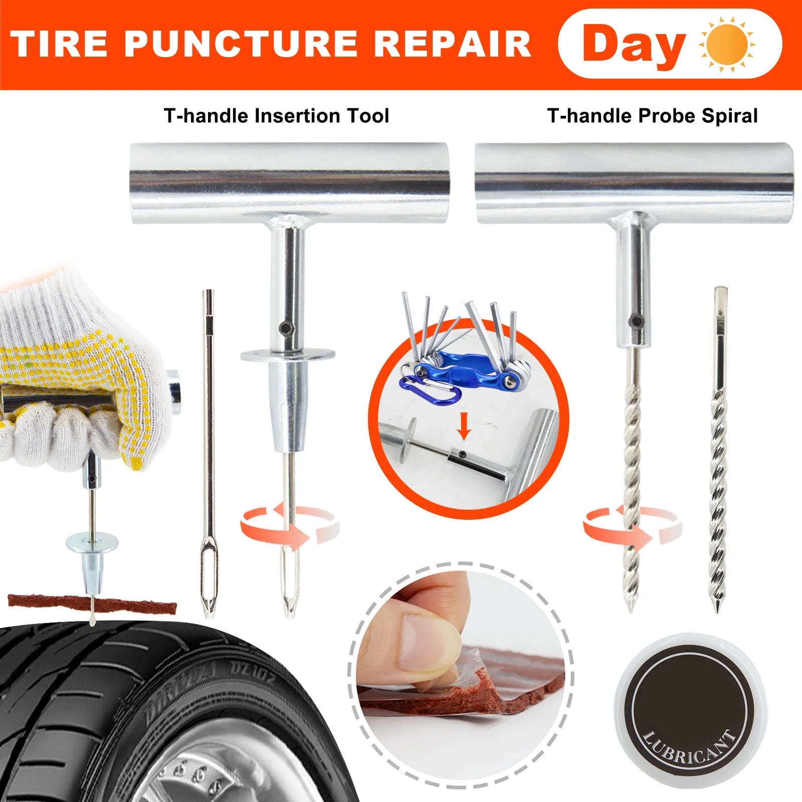 T-handle insertion and probe spiral tools for daytime tyre puncture repair from the Deluxe Tyre Repair Kit