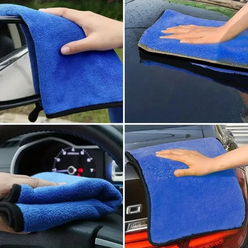 Collage of a blue microfibre towel wiping a car's exterior paintwork, dashboard and windscreen