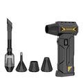 Cordless Turbo Jet Blower in black and yellow with digital display, shown with vacuum attachment and three nozzles