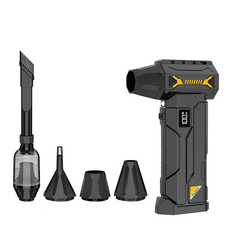 Cordless Turbo Jet Blower in black and yellow with digital display, shown with vacuum attachment and three nozzles